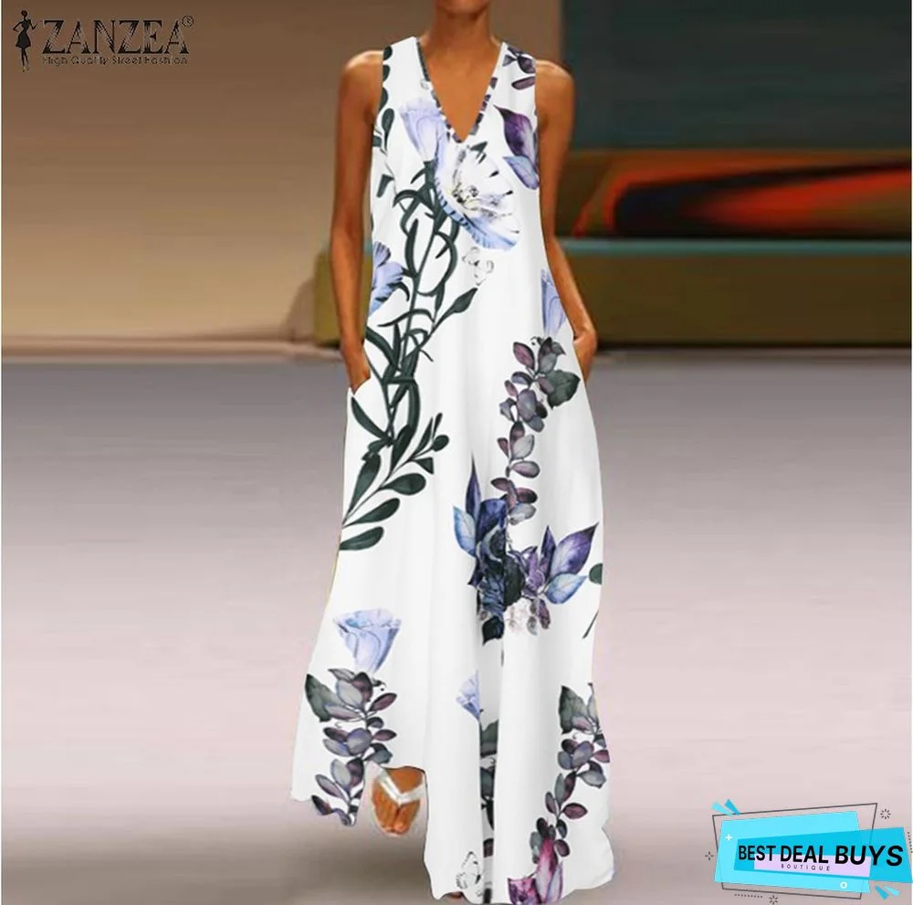 Printed Deep V-Neck Dress Sleeveless A-Word Large Size Long Dress White Dresses