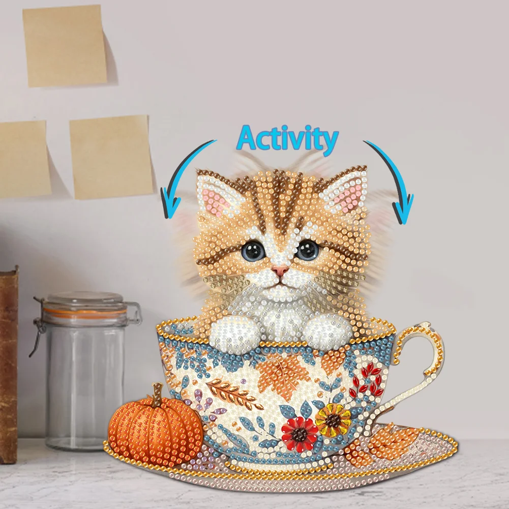 2D Flat Cat DIY Shaking Head Teacup Cat Diamond Painting Desktop Decorations