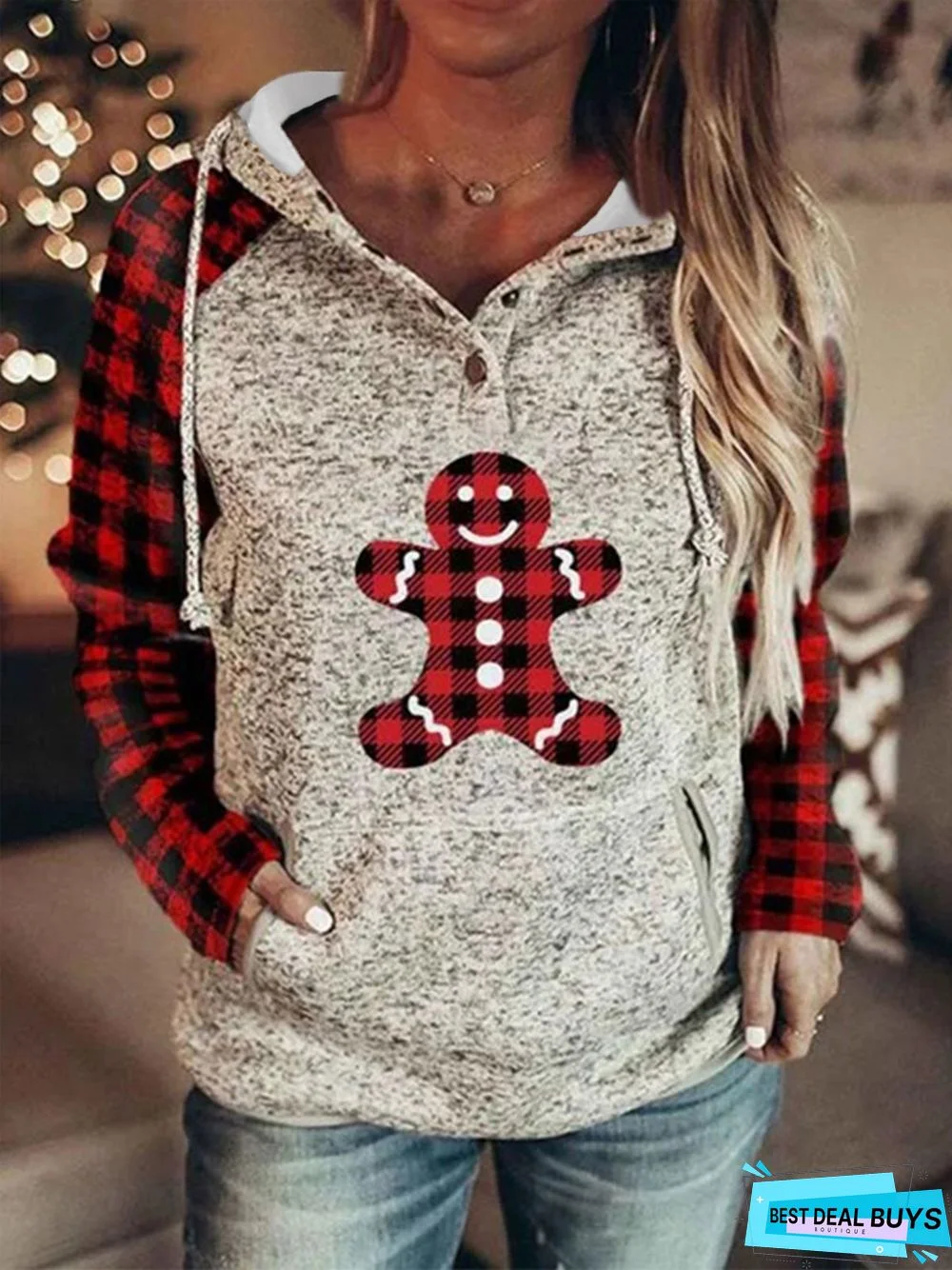 Christmas Gingerbread Plaid Printed Long Sleeve Hoodie Plus Size Casual Tunic Sweatshirt