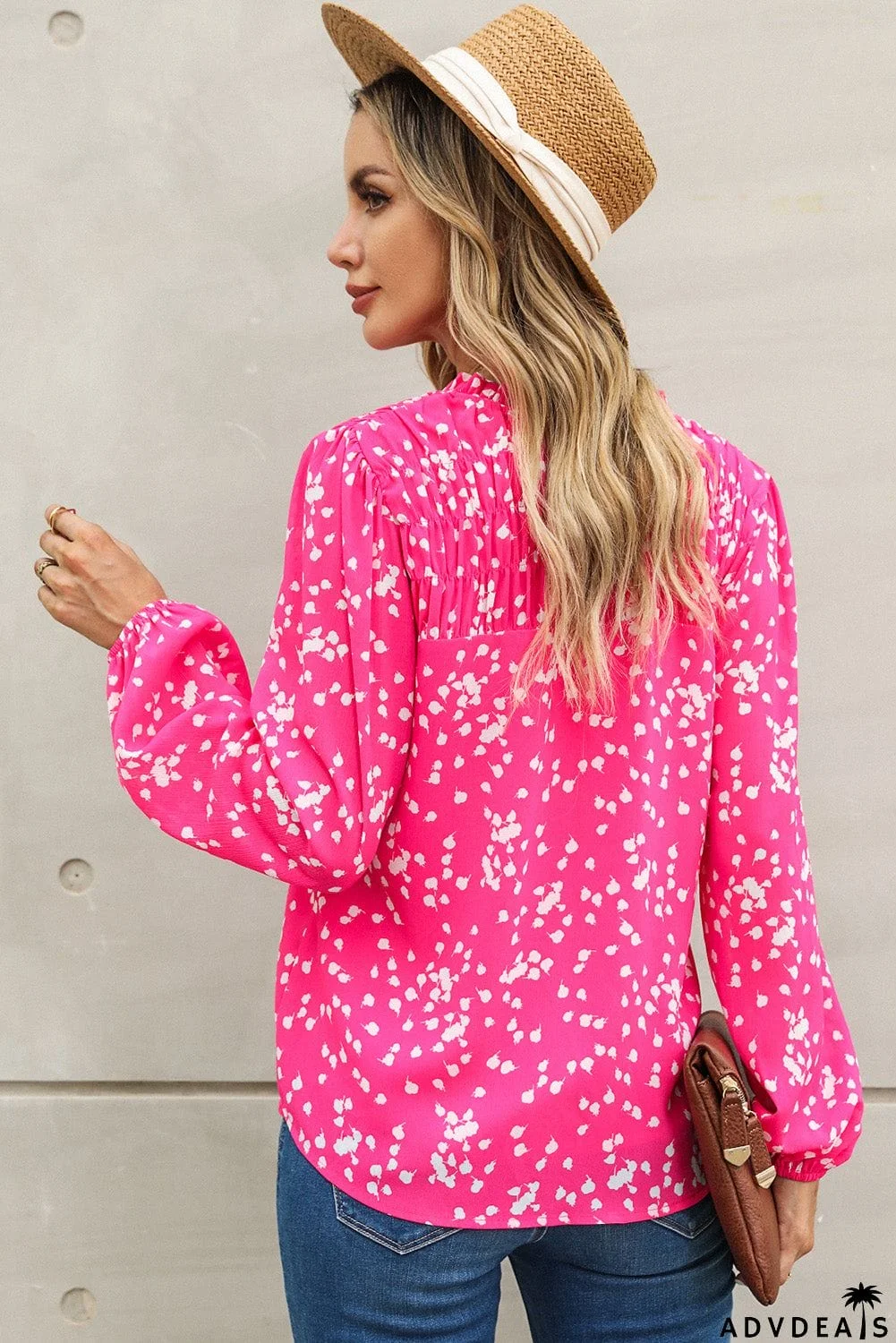 Printed Notched Neck Smocked Blouse