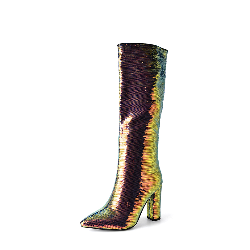 GOOSHOE Pointed Ultra High Thick Heeled Polka Dot Sequin Fabric Boots Bling Shiny Color Changing Thick Plush Knee Boots