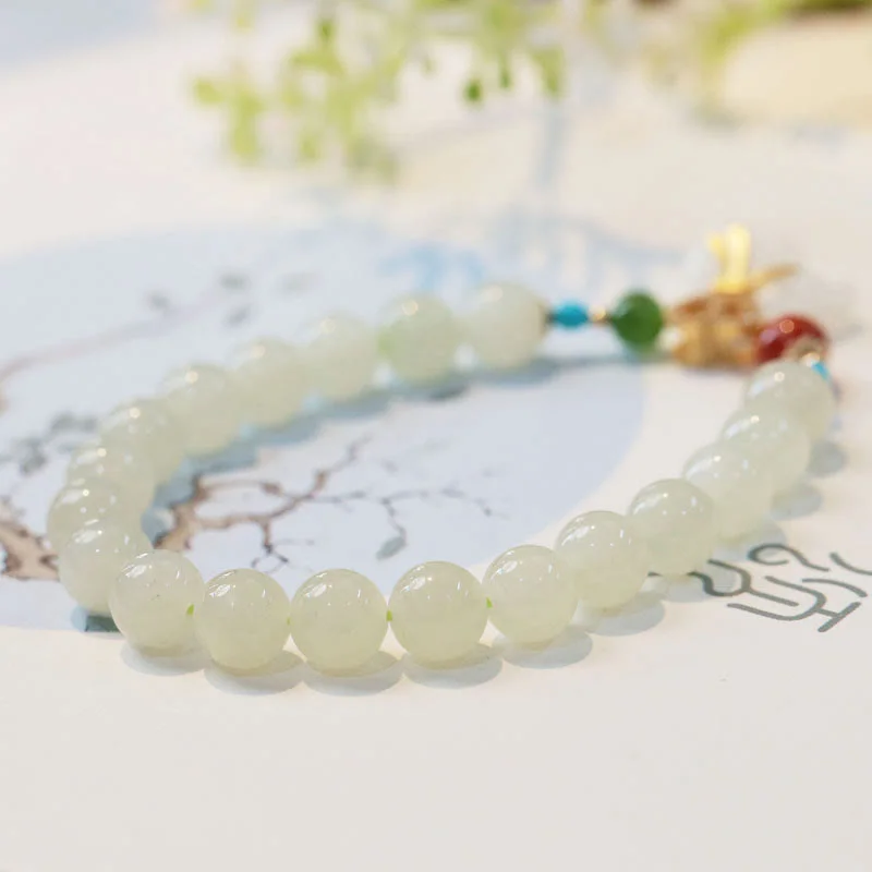 Natural Hetian White Jade 14K Gold Plated Money Bag Blessing Bracelet