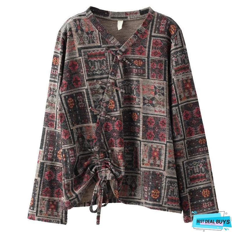 Vintage Floral Print Drawstring Cotton Blouse Summer