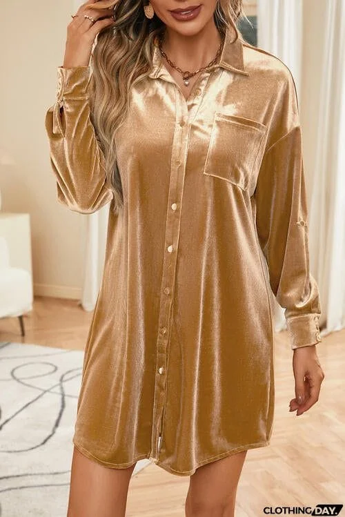 Button Up Long Sleeve Shirt Dress with Pocket
