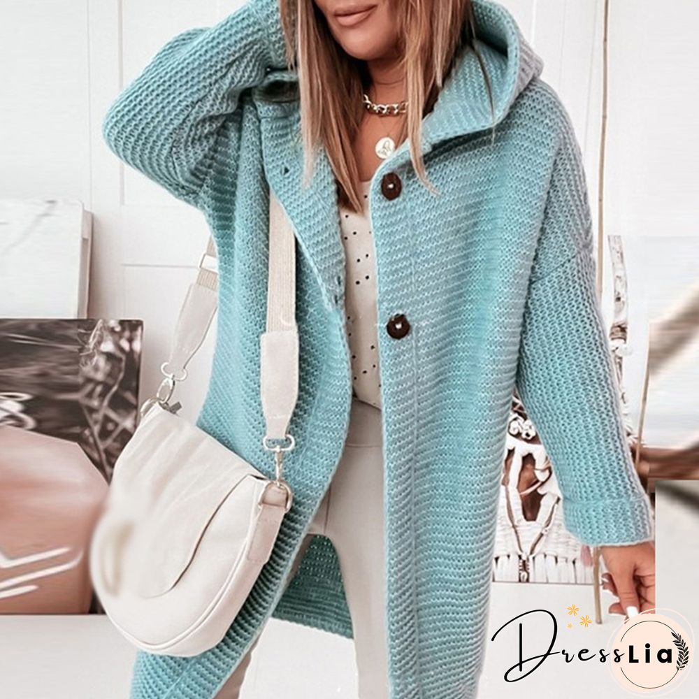 Elegant Long Sleeve Straight Knit Outwear Autumn Winter Solid Hooded Cardigan Fashion Casual Single Breasted Midi Sweater Coats