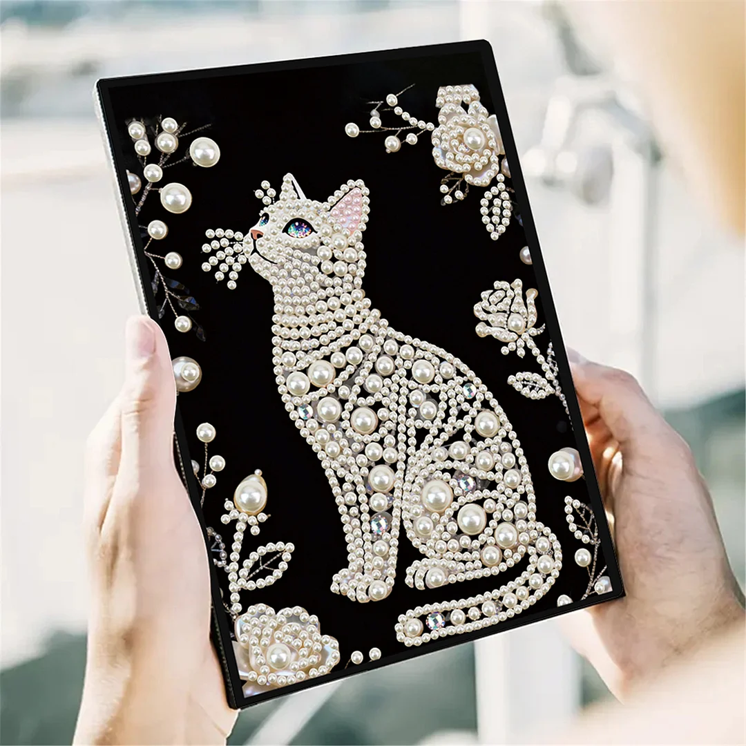 Flowers and Cat Partial Pearl DIY 50 Pages A5 Diamond Painting Notebook Special Shaped Diamond Art Diary Book Kits Wireless Strip 5D Crystal Art Paintings Sketchbook for Art Drawing