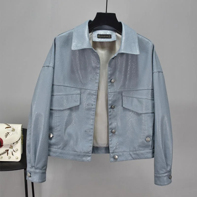 FTLZZ Women Green Faux Leather Jacket Batwing Sleeve Biker Coat Short Single Breasted Pu Motorcycle Loose Jacket Outerwear