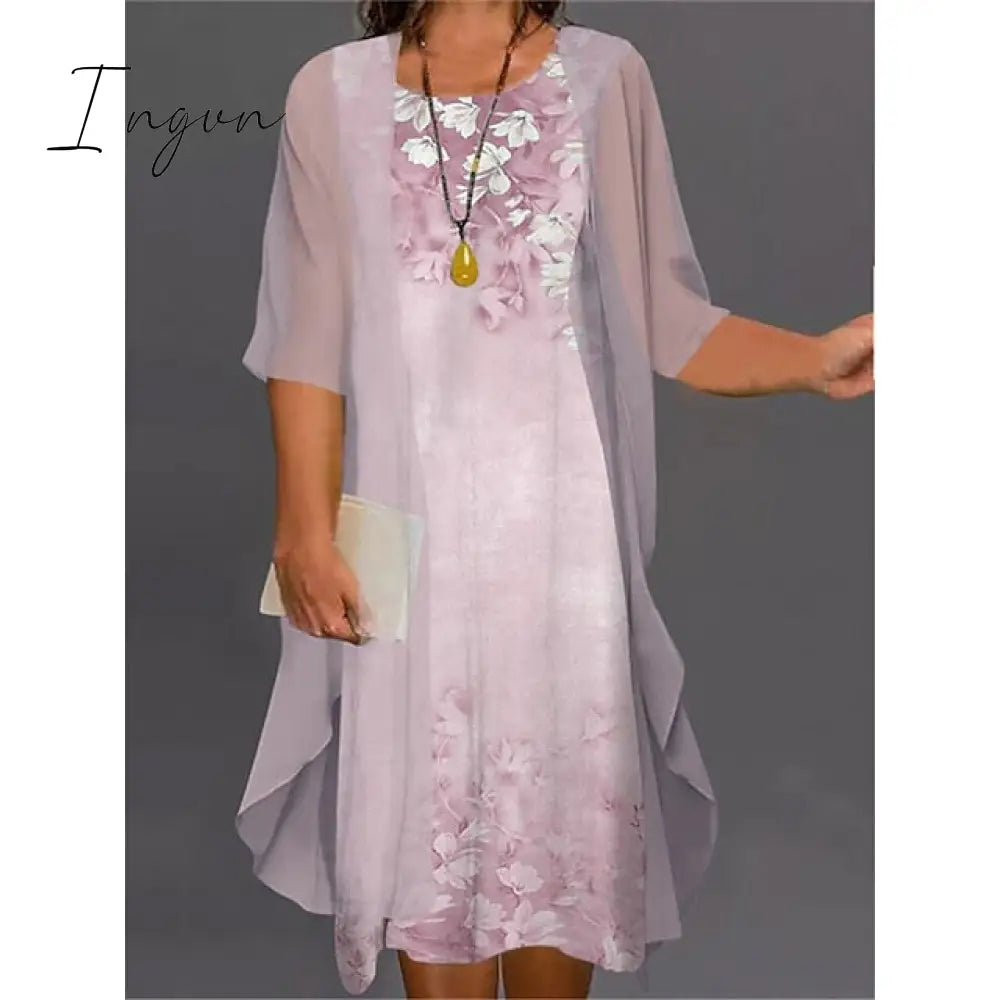 Ingvn - Women’s Plus Size Curve Two Piece Dress Floral Round Neck Print 3 4 Length Sleeve Spring