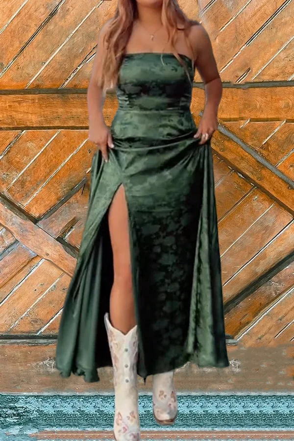 Green Tube Top Printed Slit Long Skirt Dress