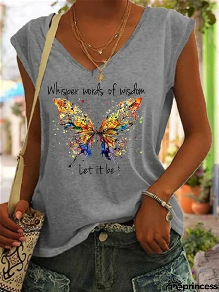 Butterfly And Words Printed V-Neck T-Shirts