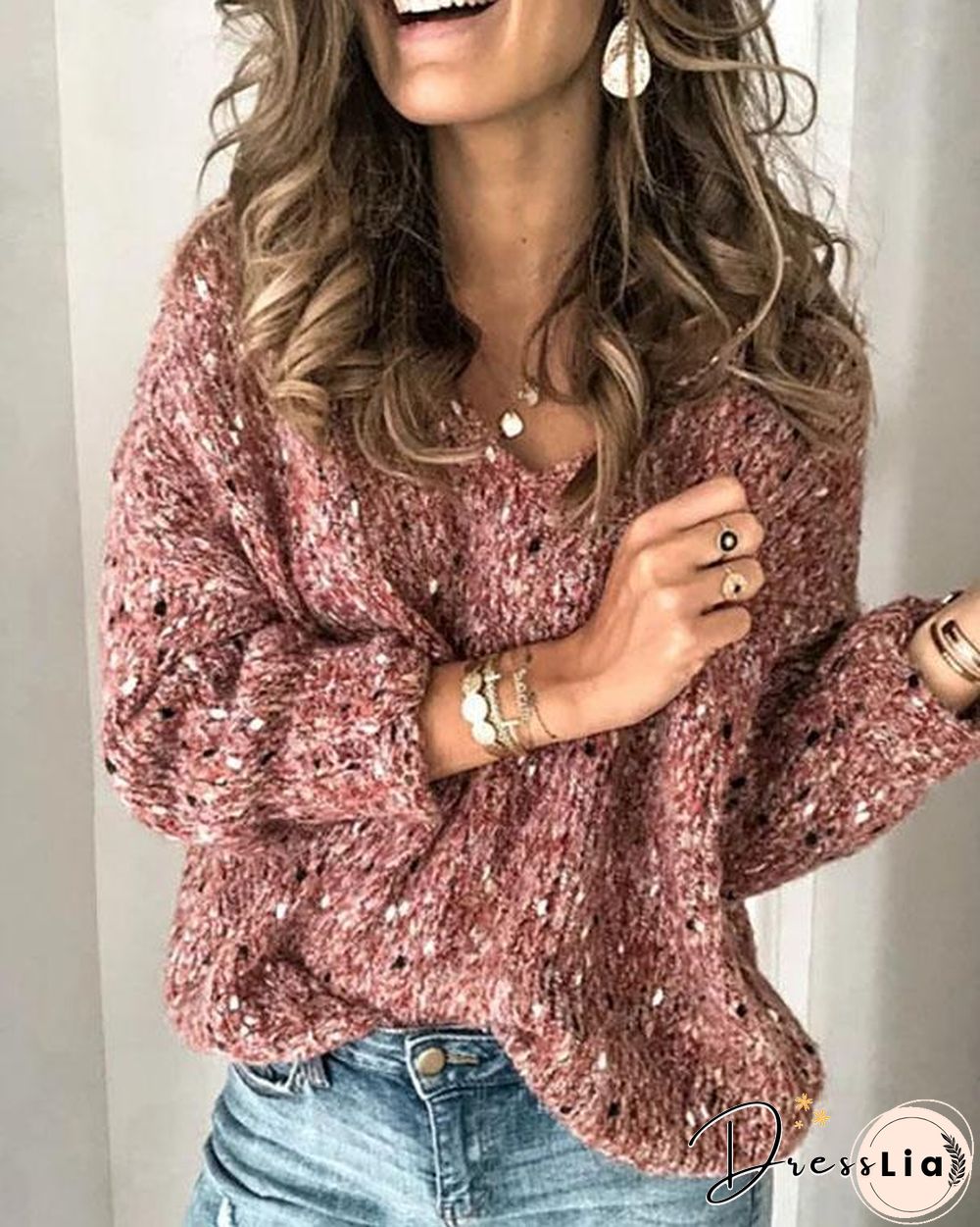 Red V Neck Long Sleeve Sweater