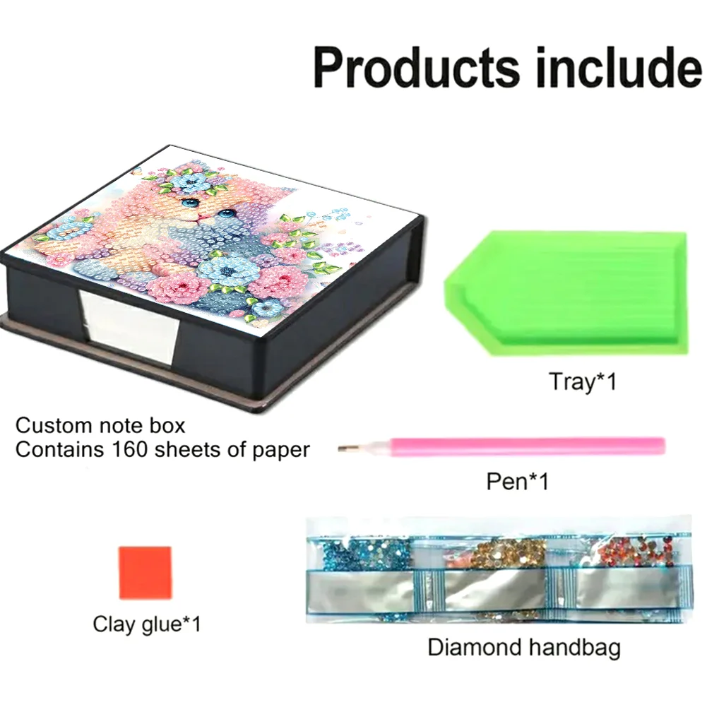 DIY Flower Cat Leather Diamond Art Note Box with 160 Sheets of Paper for Beginners