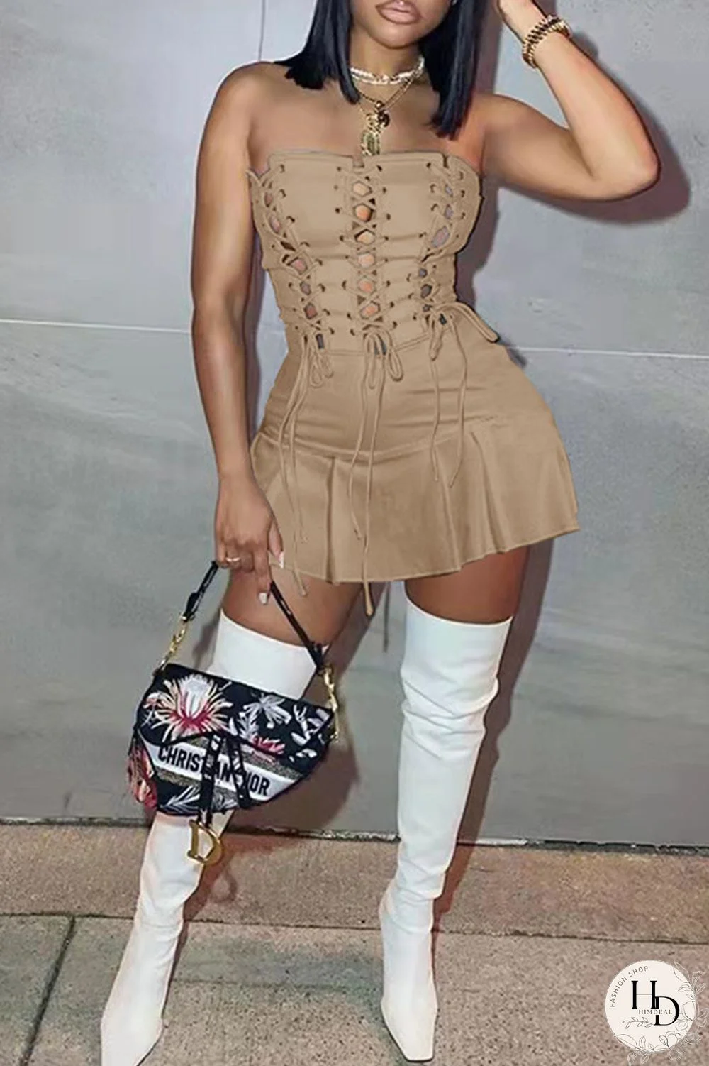 White Fashion Sexy Solid Backless Strap Design Strapless Sleeveless Dress Dresses