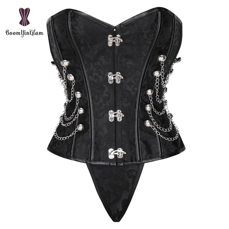 Black Brown Color Women's Body Shapewear Gothic Lingerie Vintage Corselet Steampunk Corset Bustier Top With Chains Plus Size
