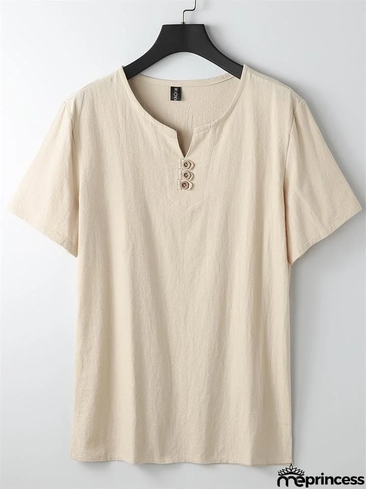 Men's V-Neck Short-Sleeved Linen Shirt