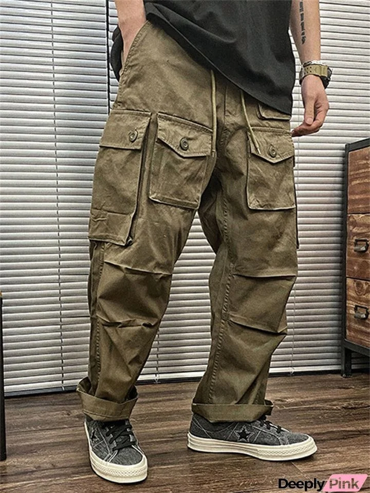 All Match Loose Drawstring Olive Green Trousers for Men