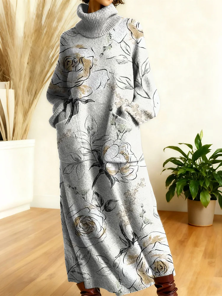 Women's Retro Flowers Geometric Patchwork High-neck Long-sleeve Casual Loose Knit Dress