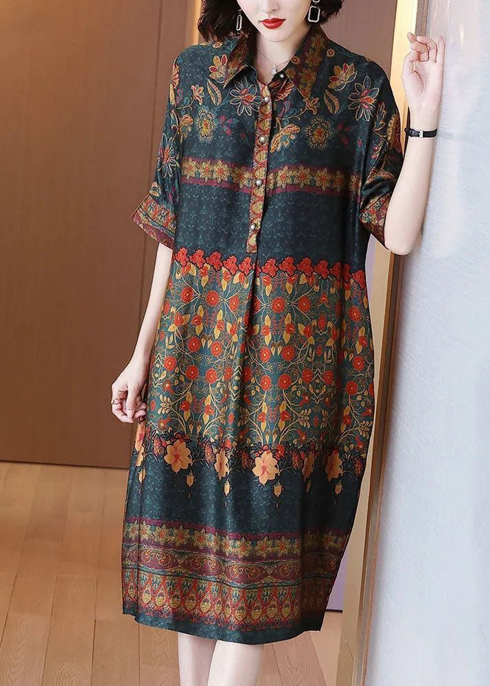 VCSHOES Peter Pan Collar Print Silk Maxi Dresses Summer