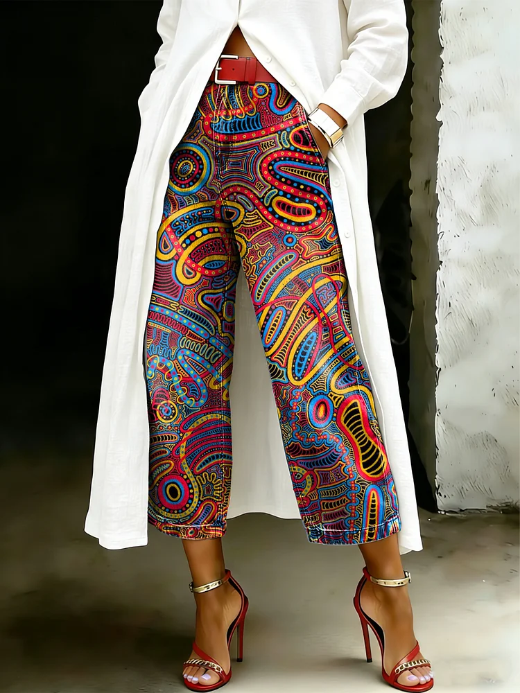 Women's Vintage Multicolor Totem Art Casual Wide Denim Pants