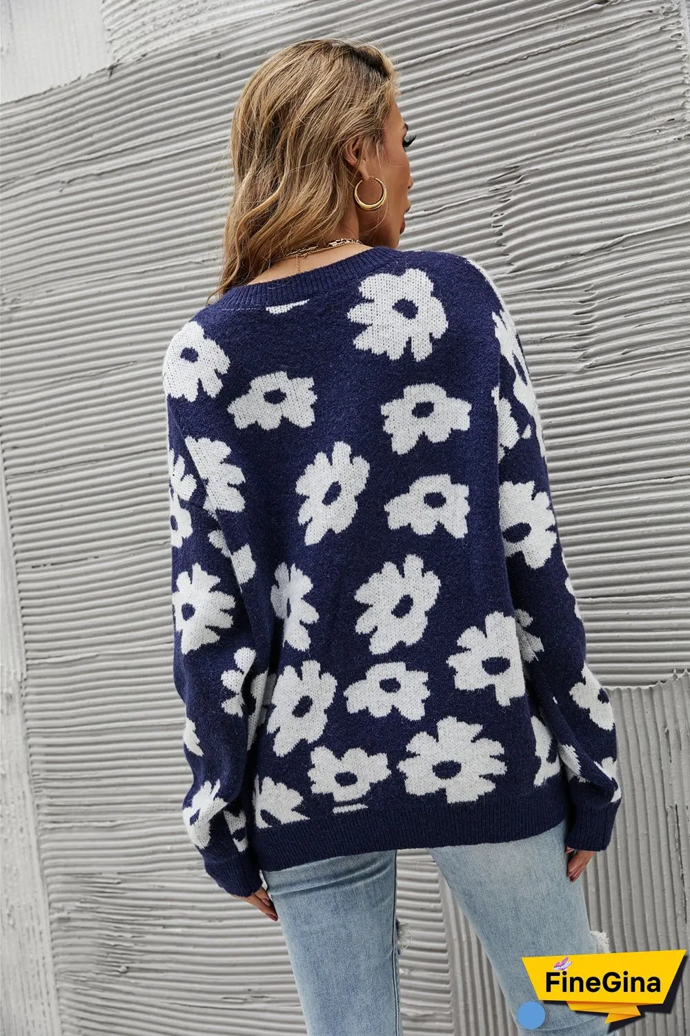 Casual Round Neck Long Sleeve Floral Sweater