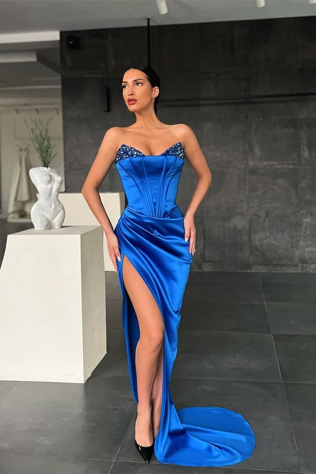 Königsblaues Meerjungfrau Abendkleid mit Pailletten Schlitz PD0443 Lunass