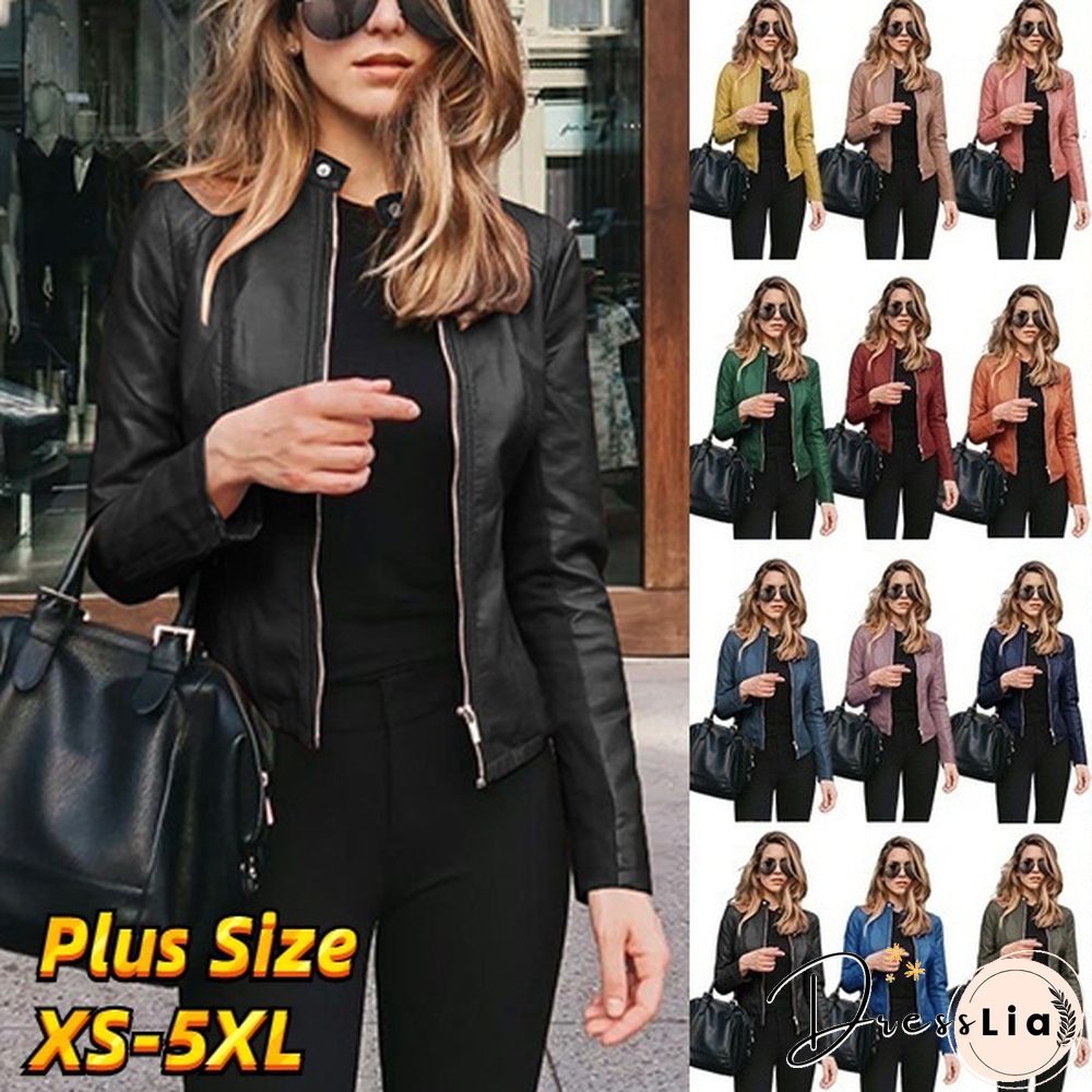 Women Spring Zipper Casual PU Leather Soft Motorcycle Leather Jacket Coat