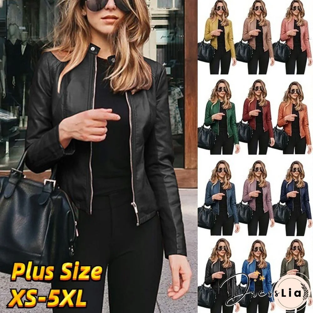 Women Spring Zipper Casual PU Leather Soft Motorcycle Leather Jacket Coat