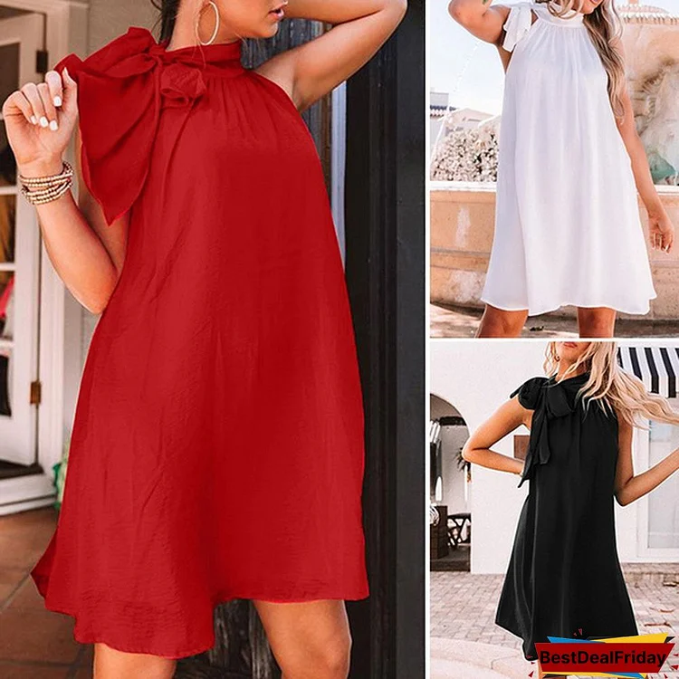 Plus Size Womens Sleeveless Long Dress Halter Vestidos Bowknot Cotton Linen Party Casual Loose Midi Dress S-5XL