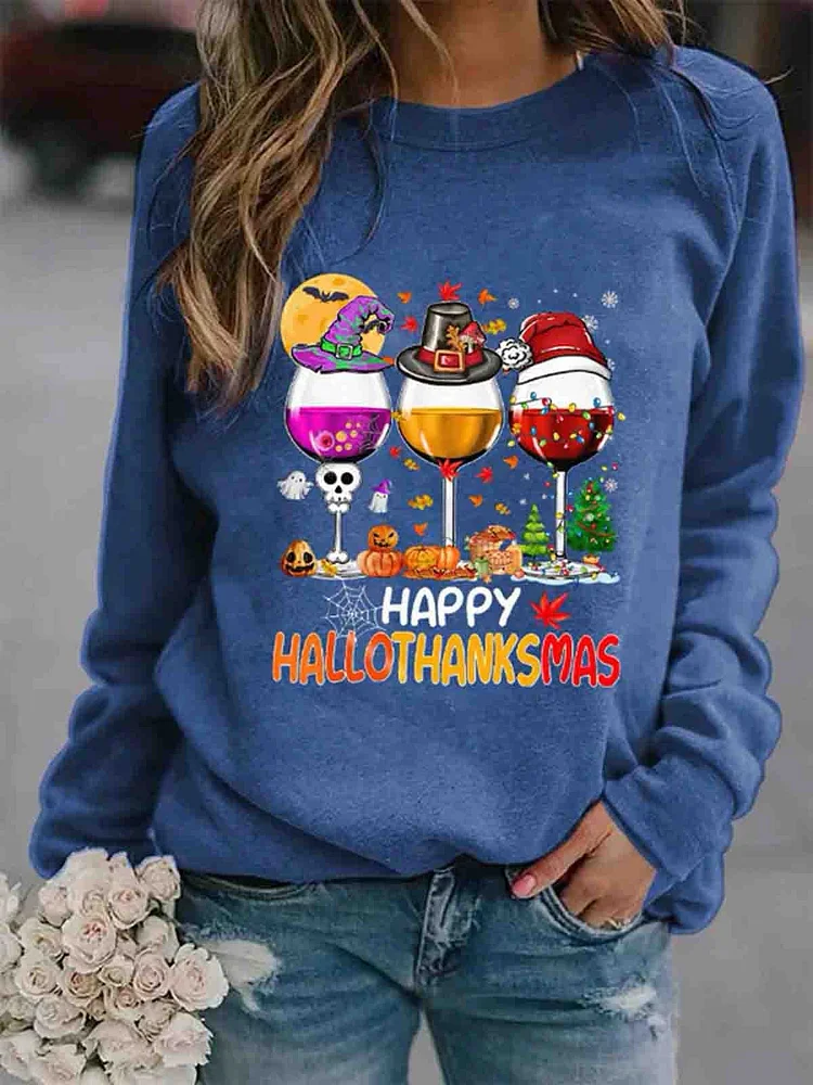 Women Happy Hallothanksmas Wine Graphic Pattern Casual Sweatshirt