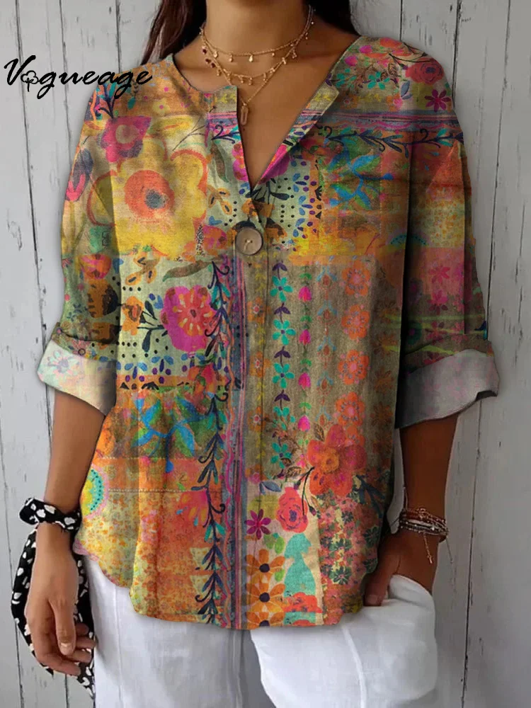 Gentle Elegant And Dignified Flowers Printed Cotton And Linen Shirt