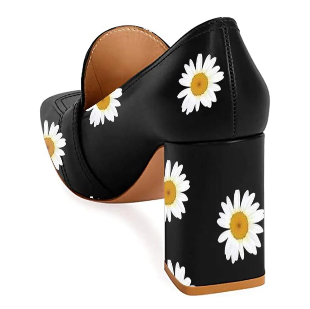 Black Square Toe Daisy Print Chunky Heel Buckle Loafer Shoes Women