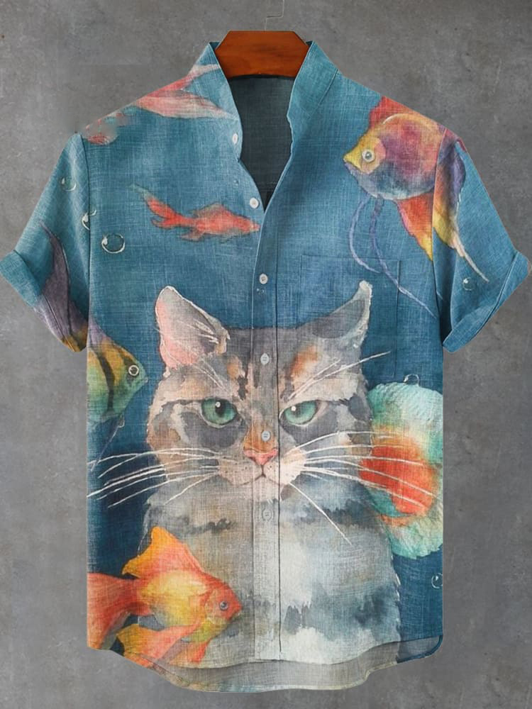 Men's cool cat and fish cartoon art casual vacation cartoon Stand Collar Printed Shirt PLUSCLOTHESMAN