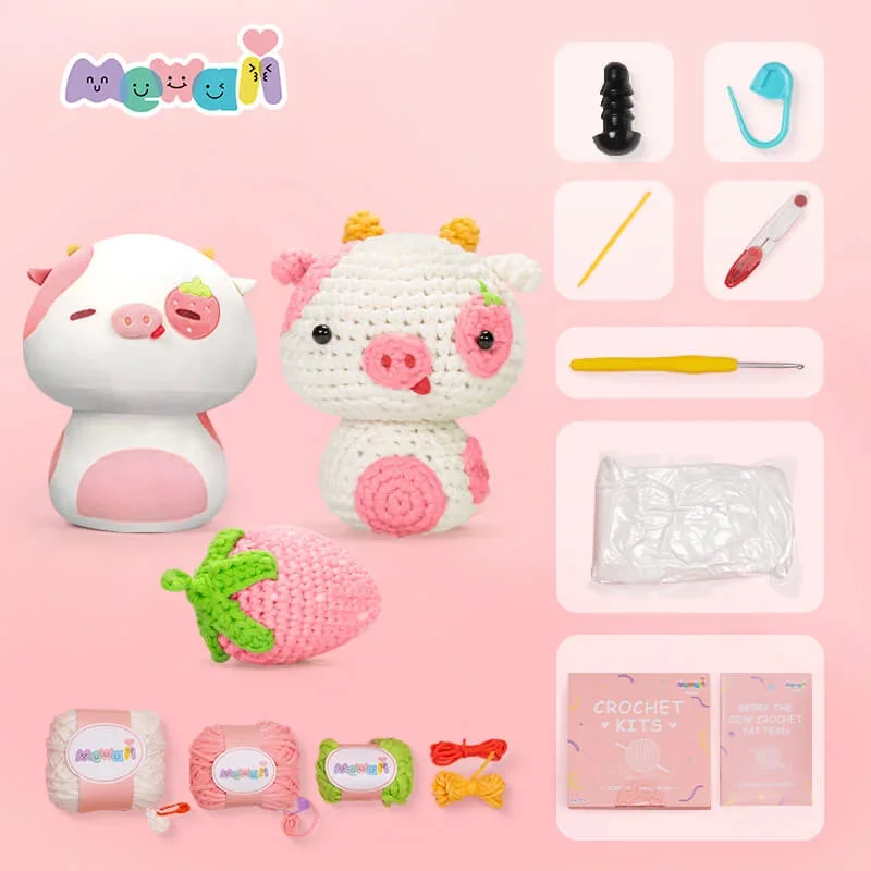 Mewaii Kawaii Crochet Cow Blueberry Kits with Easy Peasy Yarn Complete DIY For Adults Crochet Animal Kits For Kids
