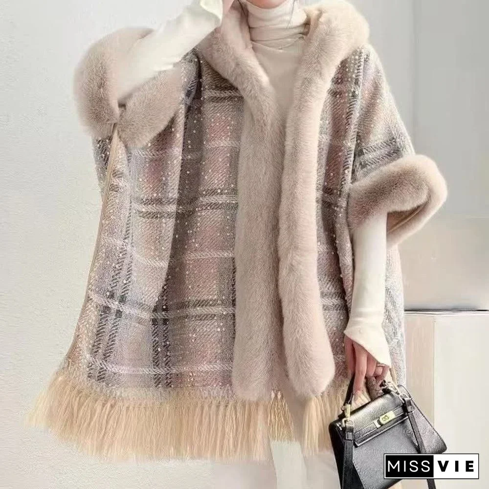 Plaid Print Furry Collar Fringed Casual Hooded Cloak Coat