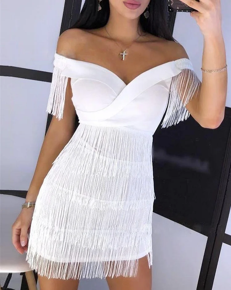Promsstyle Off-shoulder fringed slim evening dress Prom Dress 2023