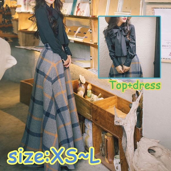 Autumn Winter Bow Neck Full Sleeve Blouse Shirt Top And Woolen Plaid Skirt Two-Piece Outfits Set Suit Women Dresses - Shop Trendy Women's Fashion | TeeYours