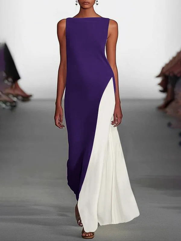 Contrast Color Loose Sleeveless Round-Neck Maxi Dresses