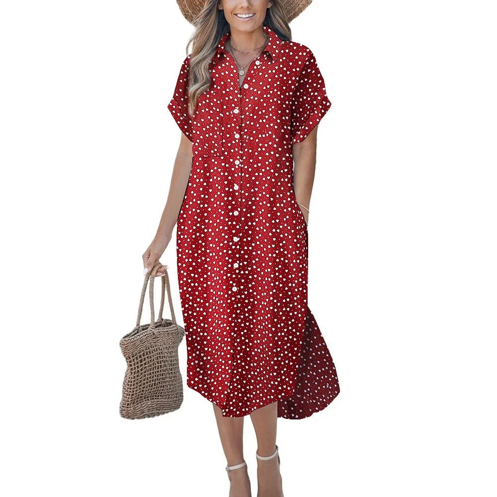 Women Casual Loose Dress with Pockets in Pattern Polka-Dot, Red
