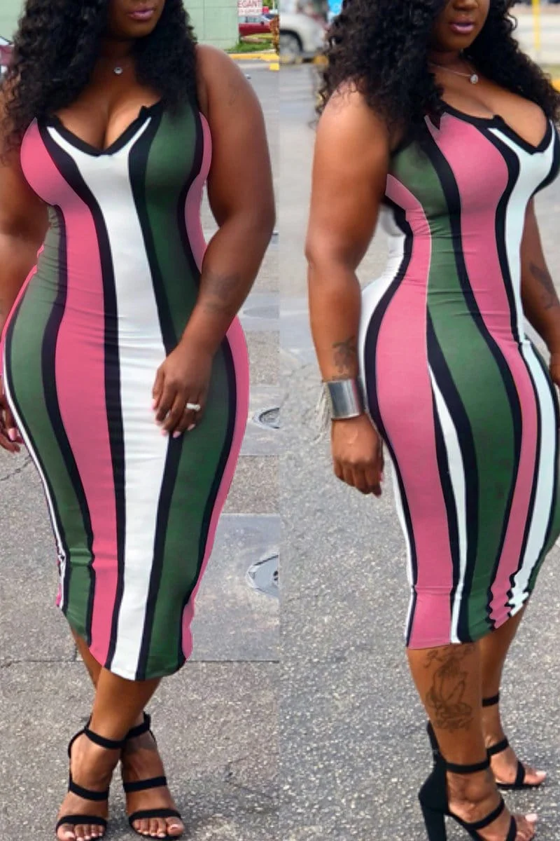 Sexy Deep V Strapless Stripe  Hip-Package Dress
