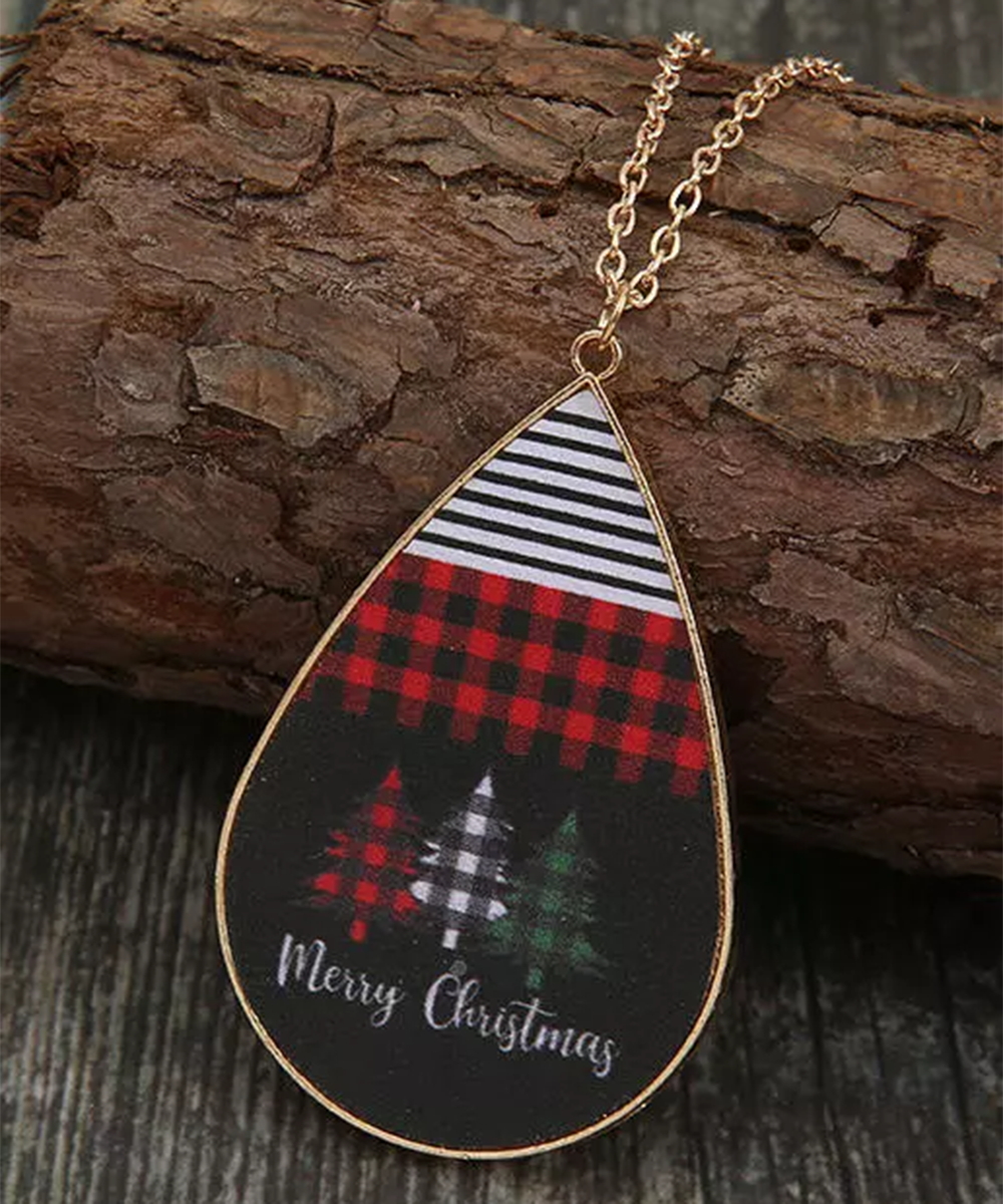 Merry Christmas Plaid Tree Striped Pendant Necklace