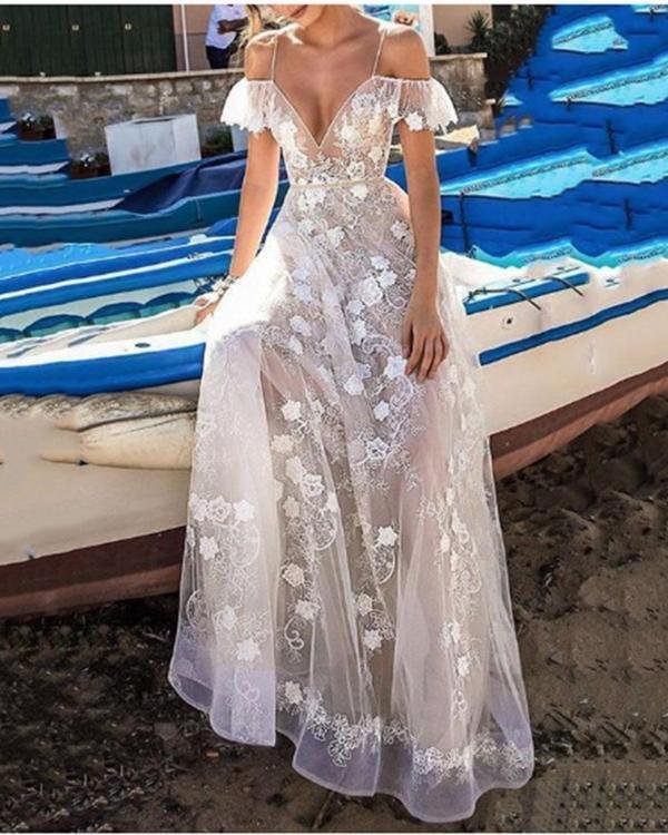 Women Sexy Floral Print V-Neck Strap Hollow Maxi Dress