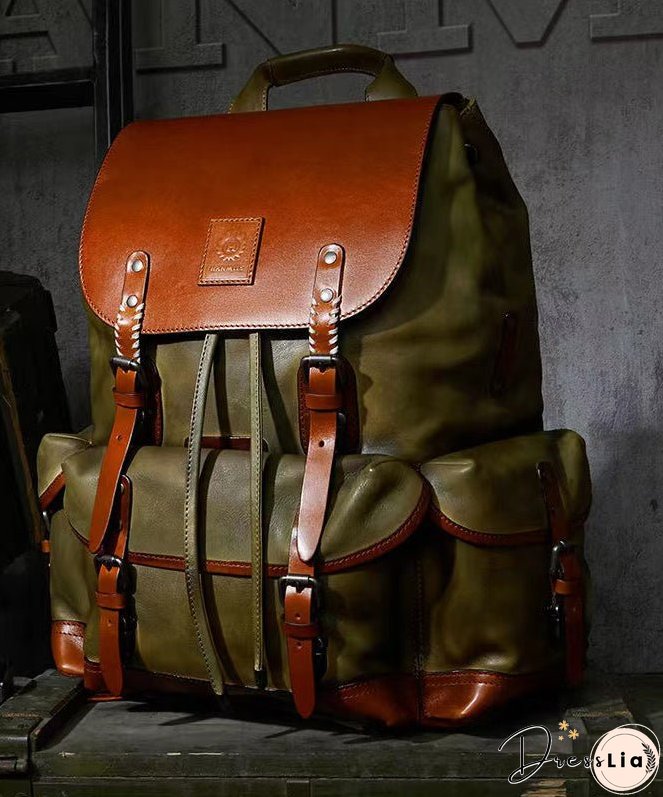 New Casual Army Green Cowhide Large Capacity Travel Backpack