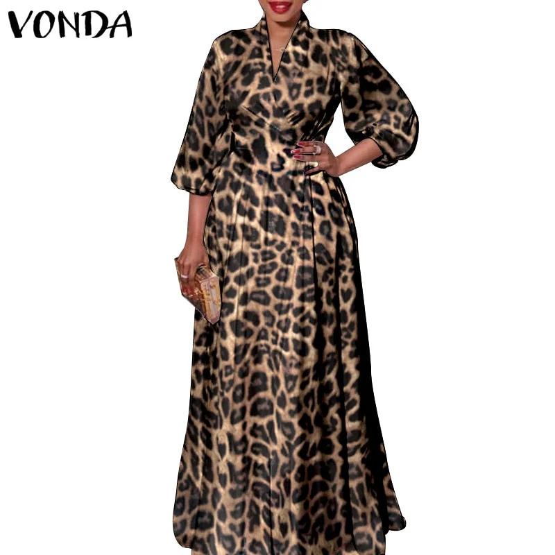 Women Autumn Long Maxi Party Dress 2022 VONDA Sexy V Neck Long Sleeve Solid Dresses Bohemian Vestidos Femme Satin Slik Sundress