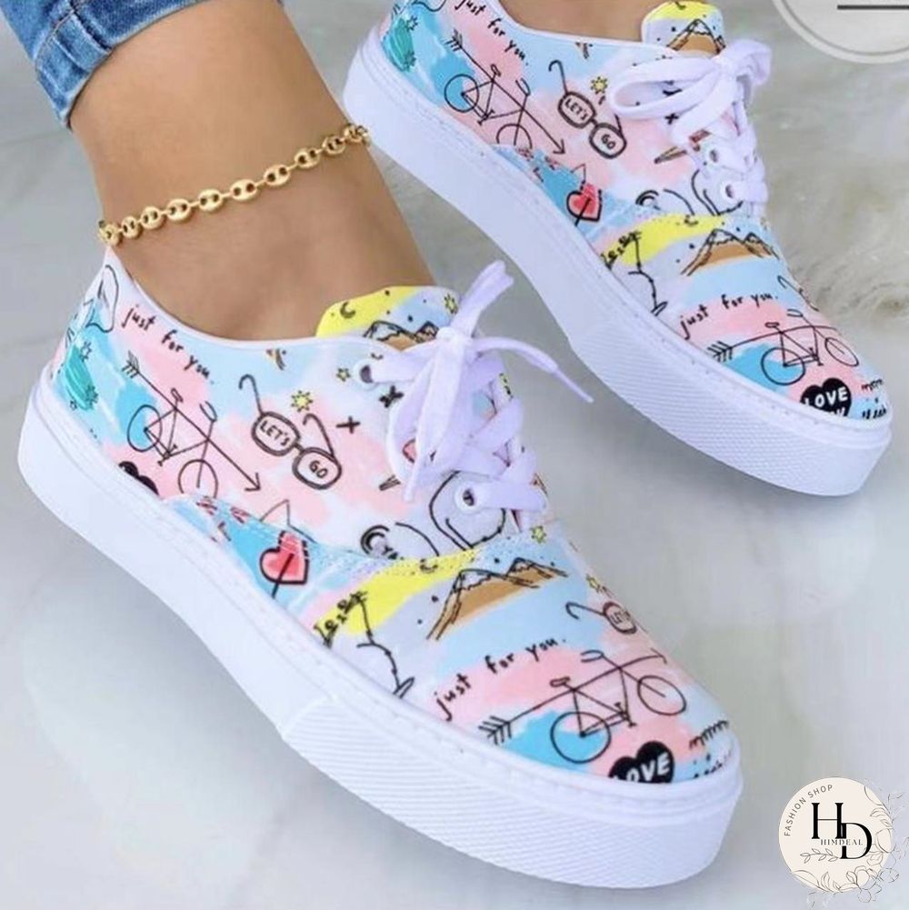 Black White Fashion Casual Bandage Patchwork Printing Round Comfortable Flats Shoes
