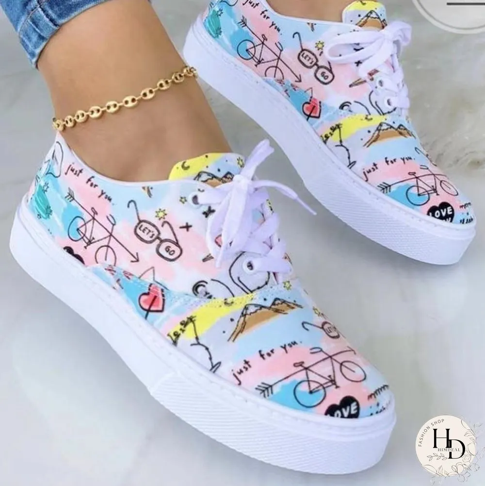 Black White Fashion Casual Bandage Patchwork Printing Round Comfortable Flats Shoes