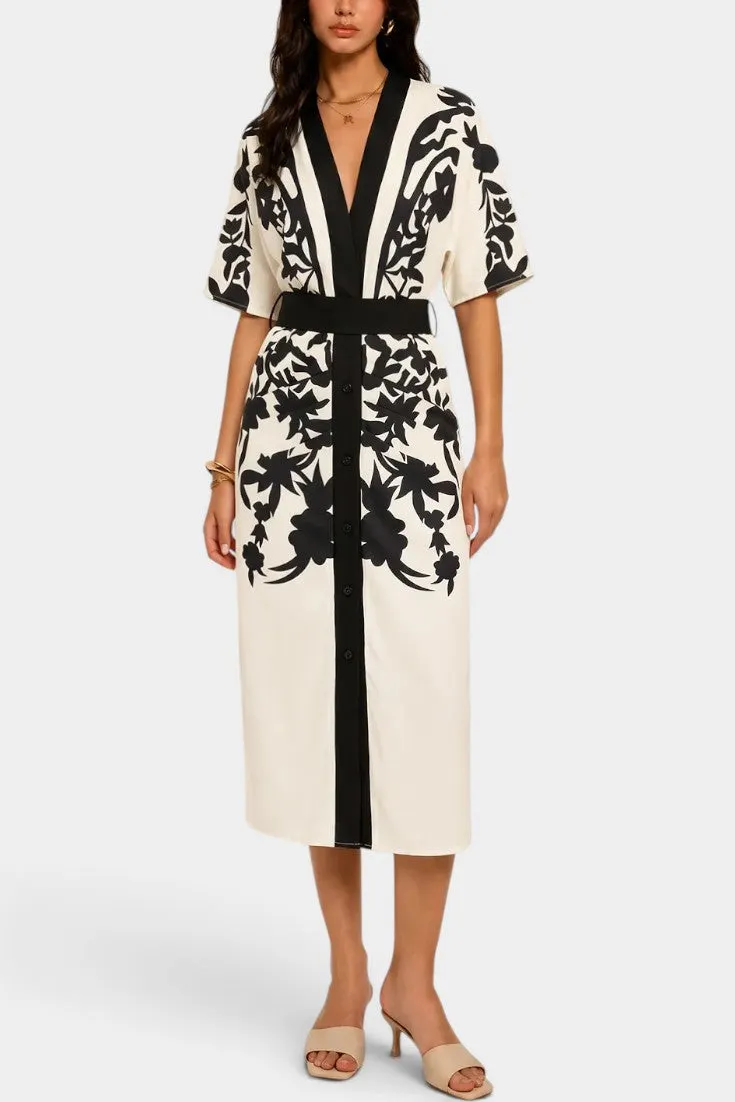 Floral Contrast Belted Midi Dress
