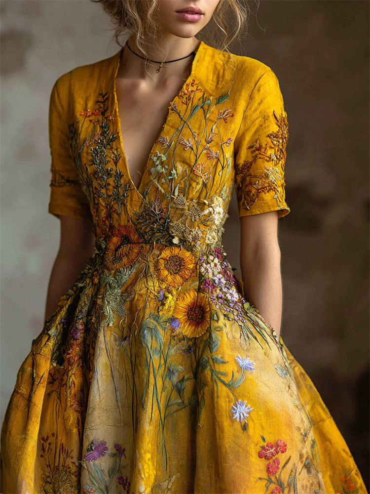 Comstylish Oil Painting Inspired Wild Flowers Embroidered Linen Maxi Dress