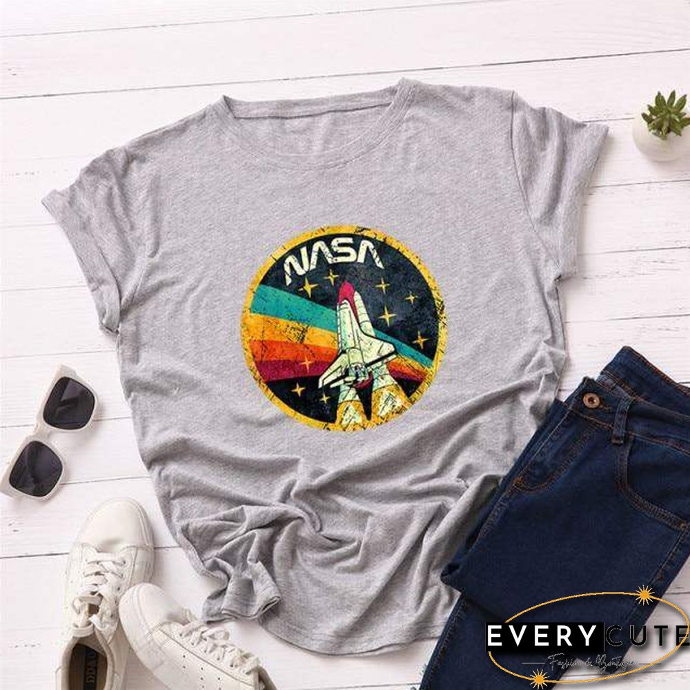 Summer Plus Size Shirt S-5XL New ROCKET Print TShirt Women 100%Cotton O Neck Short Sleeve Tees Casual Tops Woman TShirts