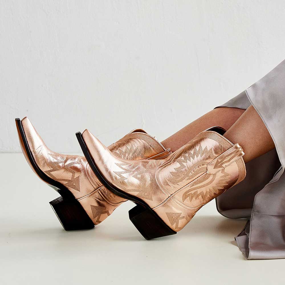 Rose Gold Metallic Snip Toe Chunky Heel Embroidered Cowgirl Booties