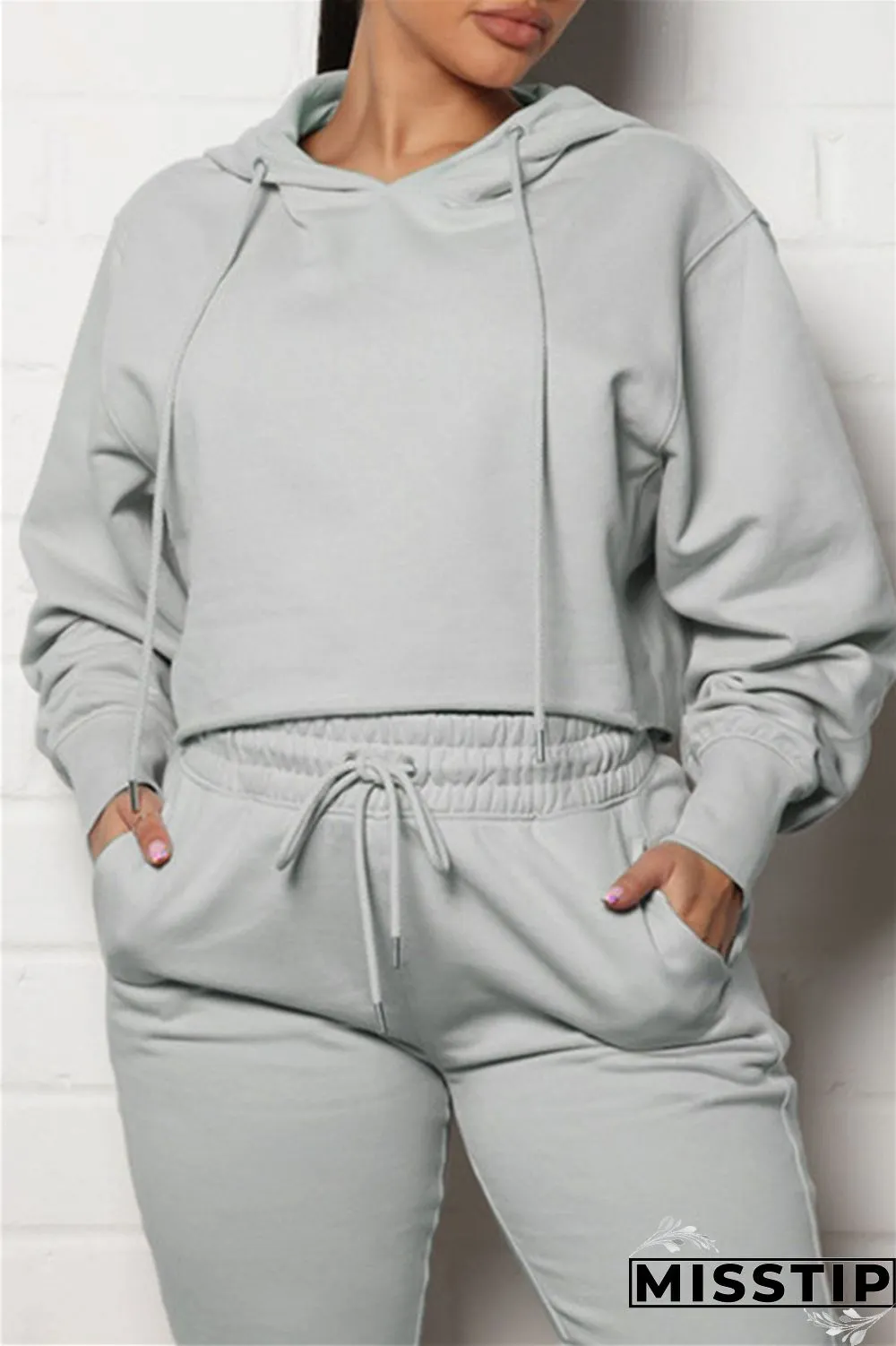 Grey Fashion Casual Solid Basic Hooded Collar Long Sleeve Two Pieces